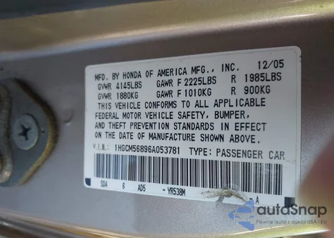 2006 Honda Accord 2.4 Ex из США, поврежденный, VIN 1HGCM56896A053781